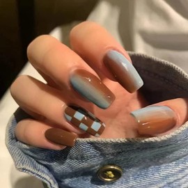 24 Pcs Press on Nails tape on Nails Design Nails for Women and Girls (Brown plaid)