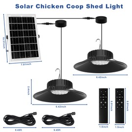 TSUNESLUX 2 Pack Solar Shed Light Outdoor Indoor, Solar Powered Pendant Light with Upgraded Remote, 3000K/4000K/6000K Dimmable, Dusk to Dawn, IP65 Waterproof for Shed, Barn, Chicken Coop, Gazebo