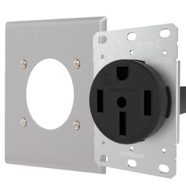 Journeyman-Pro NEMA 14-50 Commercial, Industrial Grade U.L. Approved 50 AMP 240V Receptacle w/ 2-Gang Stainless Steel Cover | 50A Wall Range Outlet,EV,RV, 125/250V (BLACK w/2-Gang SS Cover)