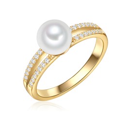 Valero Pearls Women's Ring 925 Sterling Silver Yellow Gold-Plated with Freshwater Cultured Pearl White Round 7.0-8.0 mm Zirconia, 52, Cubic Zirconia