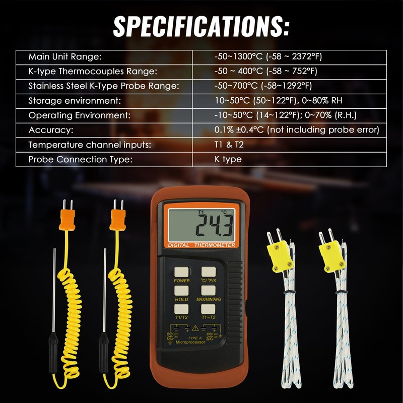 DANOPLUS Digital K Type Thermometer with 4 Thermocouples, Dual Channels