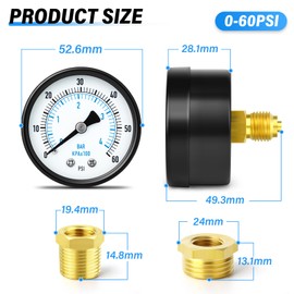 TAILONZ PNEUMATIC 0-4 Bar 2" DIAGRAM 1/4" BSP Well Pump pressure gauge with 1/2" BSP and 3/8" BSP brass bushing adapter, 3-2-3% accuracy, center back mounting