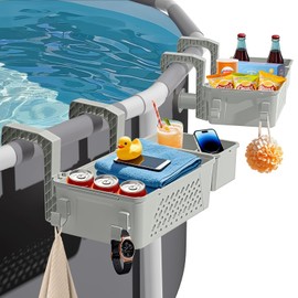 Poolside Storage Basket 2 Pack - Above Ground Pool Accessories, Swimming Pool Storage Baskets with Cup Holders,Fits 3” or Smaller Top Rails,Versatile Organizer for Pool Toys,Towels,Beverages (Grey)
