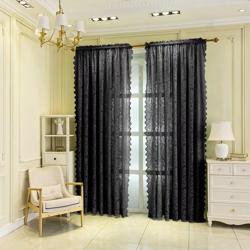 F-CHU Black Lace Curtains 72 drop Pair Voile Net Curtains