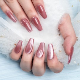 Sun&Beam Nails Handmade Press-On Medium Long Coffin Ballerina with Fuchsia Pink Cat Eye Design Charm Cute False Nail Tips 10 Pcs (#89 XS)