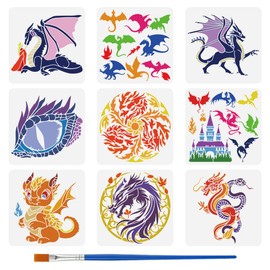 FINGERINSPIRE 9Pcs Dragon Painting Template with Brush 30x30cm Dragon Theme Painting Template Various Dragon Painting Stencils Fiery Dragon Stencils Reusable DIY Art Craft Stencil for Wood
