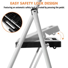 BOCOM 3 Step Ladder, Lightweight Portable Foldable Collapsible Folding Sturdy Steel Metal Step Stool with Handgrip, Anti-Slip Wide Pedal, Heavy Duty 500 lbs Capacity, for Home, Kitchen, Adults, White