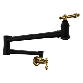 Anzzi Wall Mount Pot Filler Faucet, Double Joint Swing Arms, Single Hole, Solid Brass Interior, Stainless Steel Finish, Matte Black & Brushed Gold, 2 Handle (KF-AZ259MBBG)