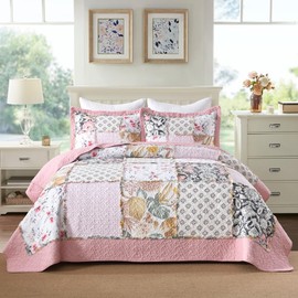 Etwel King Quilt Bedding Set Patchwork, Cotton Bedspread Coverlet Lightweight, Floragrid Pink Comforter for All Season, Sage Soft Reversible Bed Cover with 2 Pillow Shams