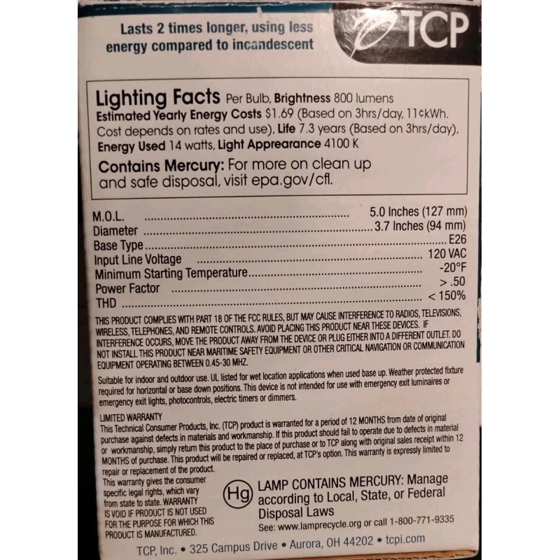 TCP (1) TCP 14w=60w 120v Self Ballasted G30 Soft White