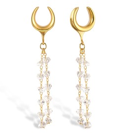 BOKABOO 2Pcs Gold Saddle Plugs with Teardrop Crystals Dangle Gauges for Wedding, Surgical Steel 00 Gauges for Women Stretching Expander Body Jewelry