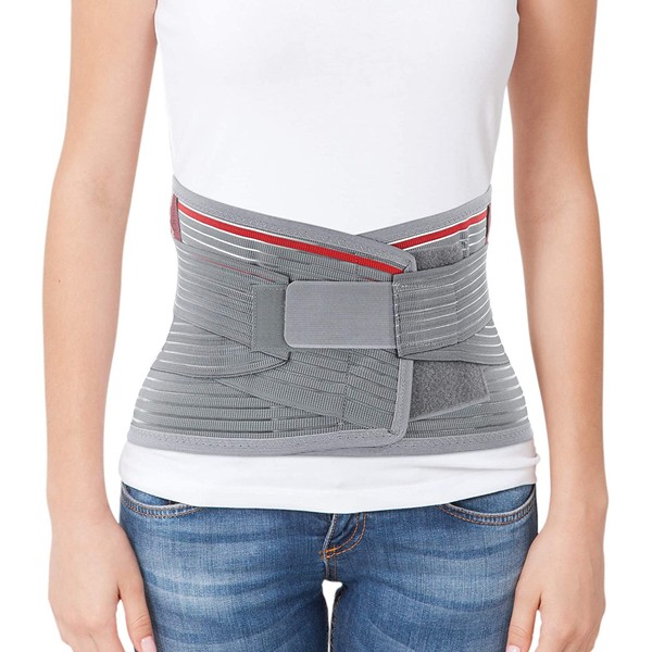 ORTONYX Lumbar Support Belt Lumbosacral Back Brace â Ergonomic Design and Breathable Material - Lower Back Pain Relief Warmer Stretcher - XS/M (Waist 26"-32.2") Gray/Red