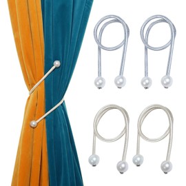 KASESSS Pack of 4 Curtain Tiebacks, Pearl Tiebacks for Curtains, Flexible Curtain Holder, Elegant, Tiebacks for Curtains, No Drilling Required, for Home, Office and Hotel (Silver, Grey)