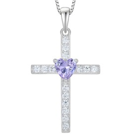 Vesitim Cross Necklace 925 Sterling Silver Religious Pendant for Women Heart Shaped Birthstone Jewelry Gifts, Sterling Silver, Created Alexandrite