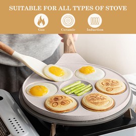 Bobikuke Pancake Pan Induction for Kids, Pancake Shapes Pan, Mini Pancakes Maker Nonstick Pancake Griddle 7 Holes Smiley Face Pancake Mold for Breakfast, 10 Inch (White)