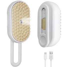 Steam Brush 4 in 1 for Shedding, iRboWou Rechargeable Cat Brush with Steam, Anti-Static Pet Brush for Massage, Cleaning, Shedding and Combing- White