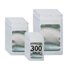 Funnyleaf 300 Pack 3 Sizes Resealable Mylar Holographic Bags Food Storage Smell Proof Bags with Front Window Packaging Pouch for Cookies Sample Jewelry Snack (White, 3 x 4.7 in,4 x 6 in,4.7 x 7.9 in)