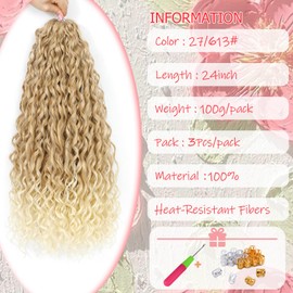 WoWCFyyds 24 Inch Deep Wave Twist Curly Crochet Hair Extensions Pack Deep Wavy Air Curl Bulk Hair Synthetic Boho Braids Water Wave Crochet Hair Extension for Women (T27/613, 24 Inch 3 Pack)