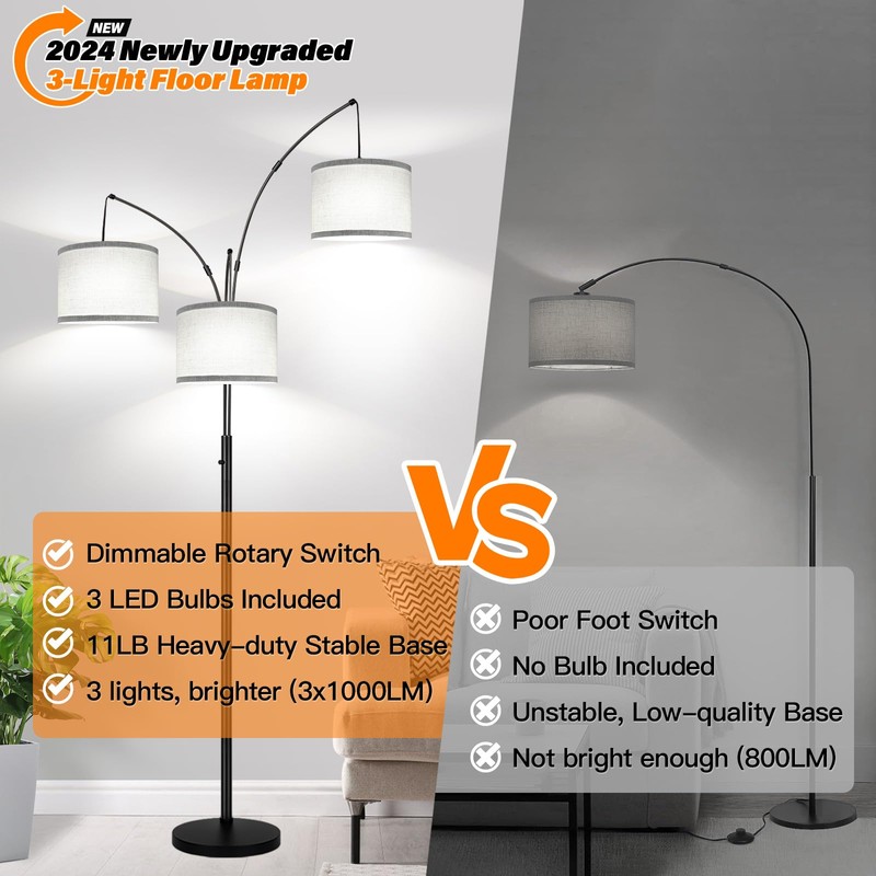 Dimmable Floor Lamp, 3 Lights Arc Floor Lamps for Living