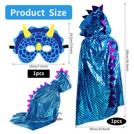 Sprinlot Karneval Umhang Kinder, Drachen Cape Kostüm Fasching, Dinosaurier Umhang Blau für Junge Mädchen, Dino Kostüme mit Maske,Geeignet für Höhe 100-140cm