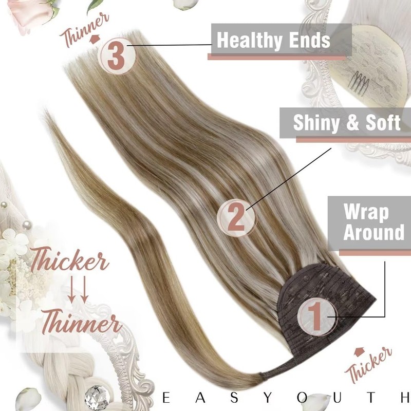 Easyouth Ponytail Extension Real Hair, Colour Ash Brown Mix Platinum