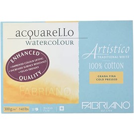 Fabriano Artistico Acquarello Watercolour, Natural White, Fine Grain Cold Pressed, 18 x 26 cm, 20 Sheets 300 g/m², High-Quality Artist Watercolour Cardboard, Glued on 4 Sides, Vegan