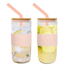 ANOTION Mason Jar with Lid and Straw, 24oz Wide Mouth Mason Jar Drinking Glasses Tumbler Mason Jar with Straw and Lid 24OZ, 2 Pack Spink