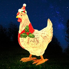 Christmas Chicken Decorations 3D Light Up Chicken with Scarf Patio 15.7'' Sturdy Outdoor Lawn Ornament Christmas Decorations with Color Lights Rooster Garden Stakes for Ground Lawn Outdoor Decor