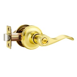 NIZADO Polished Brass Door Handles Interior, Drop-Style Bathroom Bedroom Door Knob, Gold Privacy Lever Door Handle Keyless, Reversible Handle, 1 Pack, Zinc Alloy