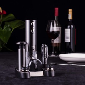CHEER Wine Opener Gift Set,Gun Stainless Steel Electric Wine Opener, Wine Aerator, Vacuum Wine Preserver with 2 Bottle Stoppers, Foil Cutter and Charging Base - 6 In 1 Wine Accessories 7717-W102-069