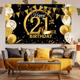 Blulu Birthday Party Decoration Extra Large Fabric Black Gold Sign Poster for Anniversary Photo Booth Backdrop Background Banner, Birthday Party Supplies, 72.8 x 43.3 Inch (21st)