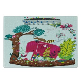 Ambesonne Animal Cutting Board, Colorful Handdrawn Animals Elephant Squirrel Tree Floral Jungle Nature Illustration, Decorative Tempered Glass Cutting and Serving Board, Small Size, Multicolor