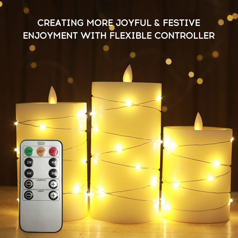 3PCS Flickering Flameless Candle Lights with Twisted String Lights Kit