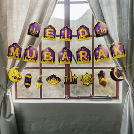 zhxinashu Eid Mubarak Garland - Eid Mubarak Decoration, Purple Gold Glitter Moon & Stars, Muslim Eid Party Decoration, Ramadan Decoration Set Living Room, Islamic Eid Celebration Accessories