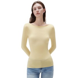 SUUKSESS Cloud Cashmere Women Boat Neck Fitted Long Sleeve Shirts Basic Knit Going Out Tops (Butter Yellow, XS)
