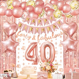 ZERODECO Rose Gold Birthday Party Decorations 40th, Happy Birthday Banner 40th Theme Banner Fringe Curtain 40 Garland Heart Star Foil Confetti Balloons for Women Girls Queen Princess Birthday Party