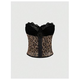SweatyRocks Women's Sparkly Sequin Lace Corset Tops Leopard Print Strapless Y2K Tube Top Streetwear Black and Gold Small
