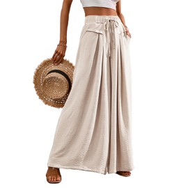 Flowy Wide Leg Palazzo Pants for Women Dressy Casual Elastic Waist Lounge Long Trousers with Pocket Large Beige
