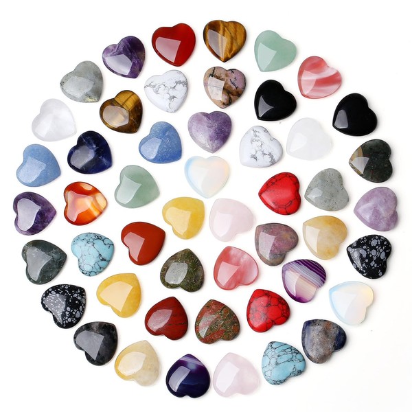 XIANNVXI 50 Pieces Natural Crystals Heart Set Gemstones Hearts Love Stone Crystal Rose Quartz Amethyst Energy Chakra Stones Set Room Decor