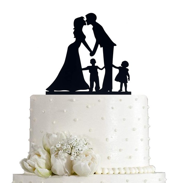 Bride and Groom Wedding Cake Topper,Couples holding hands and kissing Cake Topper with Girl and Boy Silhouette (Black)