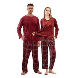 EK4YDNDS Couple Pajama Sets, Soft Pullover PJs with Plaid Pants, Matching Warm Sleepwear for Women(Burgundy/Red Green Plaid,L)