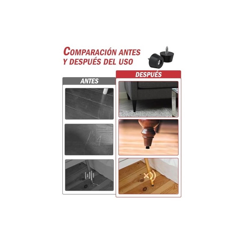 50 Niveladores para Muebles, Almohadillas de Goma Negras con Tornillos