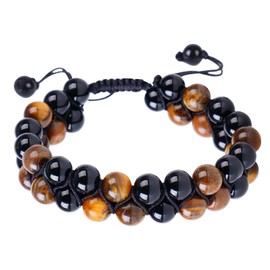 PAKUNDAS Handmade Double Protection Bracelet - Men & Women's Crystal Bracelet with Tiger Eye, Hematite - 8mm Natural Stone Beads Bring Good Luck, Prosperity, Happiness