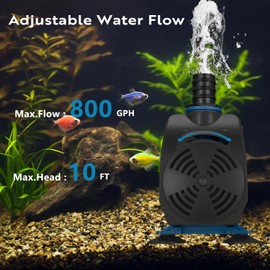 TONGCHANT 800GPH Adjustable Flow Water Fountain Pump Outdoor with 3 Nozzles (1/2", 5/8", 3/4"), 60W Ultra-Quiet Fish Tank Pump, 10ft High Lift, Pond Pump for Small Ponds & aquariums, ETL Listed