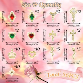 BELICEY 56Pcs 3D Gold Nail Charms Assorted Cross Star Heart Charms for Nails Alloy Rose Flower Crown Nail Charms Gems Luxury Nail Jewelry Green Red Crystal Rhinestones for DIY Nail Art Design Crafts