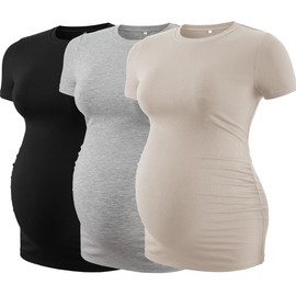Liu & Qu Womens Maternity Shirts Ribbed Short Sleeve Maternity Tops Casual Crew Neck Side Ruched Pregnancy Clothes 3 Pack