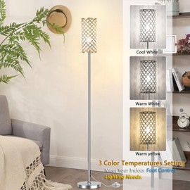 Assemer Crystal Floor Lamps - Modern Silver Standing Lamp with 3 CCT LED Bulbs for Elegant Home Decor Living Room and Bedroom Lighting