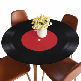 Guxxuil Vinyl Record Round Tablecloths Elastic Edged Red Black White Ring Art Music Tablecloths Washable Reusable for Kitchen Picnic Party 40-44 inch