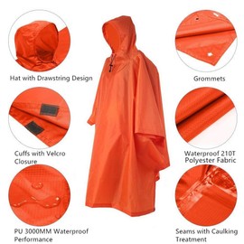 Winise Multifunctional Outdoor Rain Poncho Backpack Rain Cover Waterproof Tent Tarp Footprint Ground Sheet Shelter Sunshade for Camping Hiking Jungle Cycling Outside (Orange)