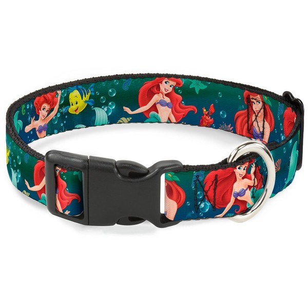 Buckle-Down Ariel Poses with Flounder Green/Blue Fade Plastic Clip Collar, Medium/11-17"